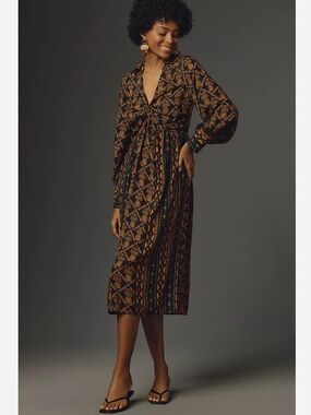 Farm Rio for Anthropologie Long Sleeve V Neck Printed Tie Front Midi Dress M EUC